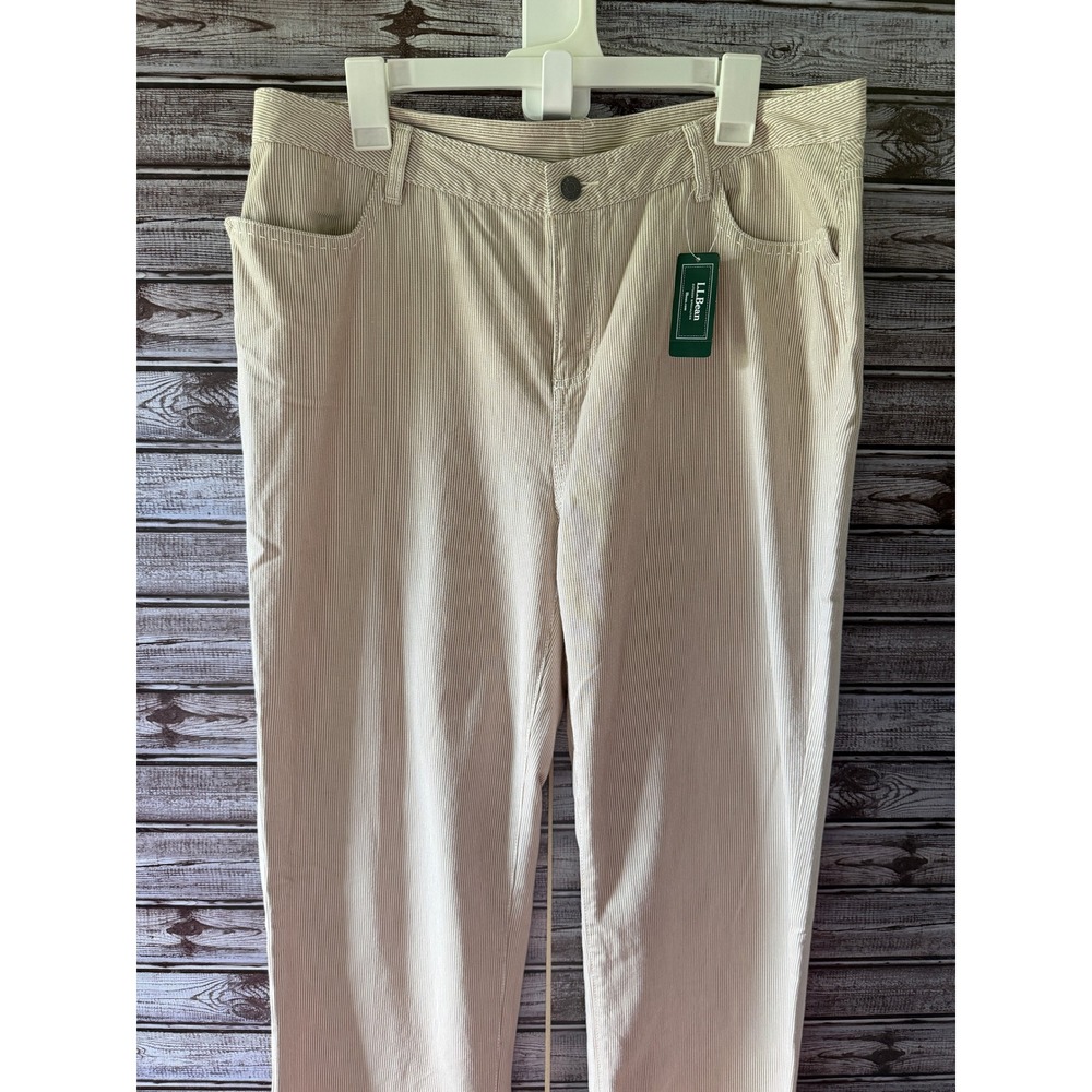 LL Bean Womens M-Tall Tan White Striped Seaside Pants NWT Straight Leg Cotton